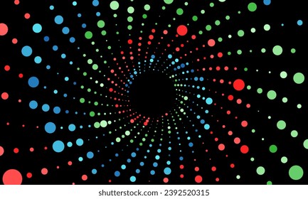 Red, blue and green dots in spiral over black background. Abstract halftone dots background.