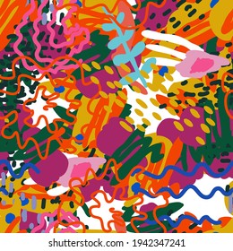 Red and Blue and Green Drawing Trendy Vector Seamless Pattern. Textile Shape Collage. Pink and Yellow Contemporary Design. Modern Patchwork Illustration.