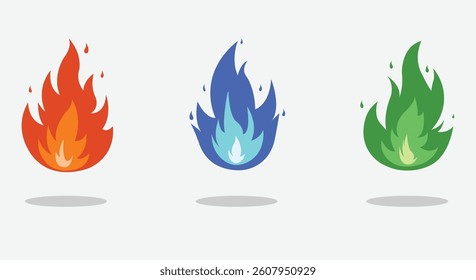 Red, blue, green fire flames icon set. Fire flames. Flame icons. Set of vector simple fire flame. Collection of hot flaming element for asset, cartoon, design, poster, illustration