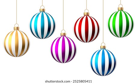 Red, blue, green, golden, purple  Christmas  balls  with pattern  isolated on white background. Xmas  tree decoration with ornament. Vector bauble set.