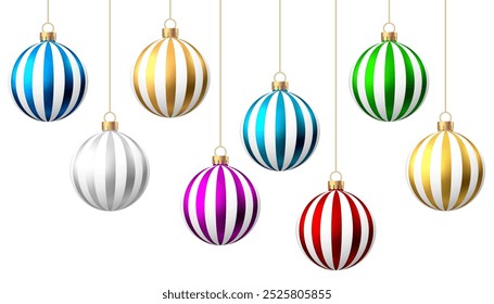 Red, blue, green, golden, purple, silver  Christmas  balls  with pattern  isolated on white background. Xmas  tree decoration with ornament. Vector bauble set.