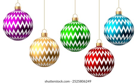 Red, blue, green, golden, purple  Christmas  balls  with pattern  isolated on white background. Xmas  tree decoration with ornament. Vector bauble set.