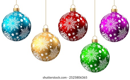 Red, blue, green, golden, purple  Christmas  balls  with pattern  isolated on white background. Xmas  tree decoration with ornament. Vector bauble set.