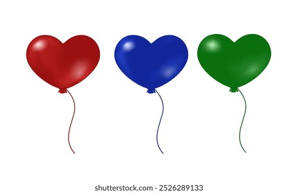 Red, blue, green heart balloon. Vector isolated illustration on white background