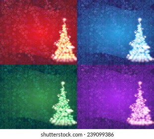 Red, blue, green and lilac backgrounds with abstract Christmas tree 