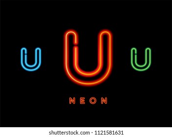 Red, Blue and Green neon light glowing letter U logo icon vector illustration.