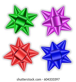 Red, blue, green, pink bow ribbons set. Decor element package Shiny color decorations gift present, holiday design, isolated white background. Symbol Christmas, New Year Vector illustration
