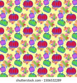 Red, blue, green pumpkins and multi-colored maple leaves on a pale yellow backgroun. Vector illustration
