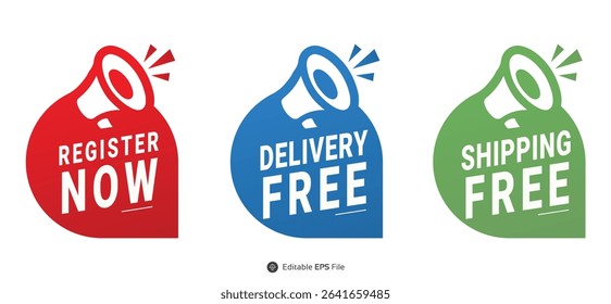 Red Blue Green Register Now Delivery Free Shipping Free Announcement Icons Vector Graphics