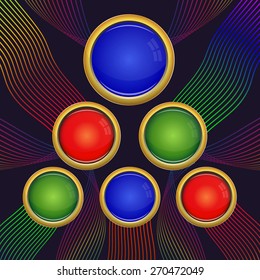 Red, blue and green round glass signs of different sizes with colorful lines design vector