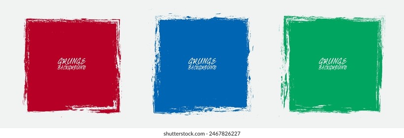 Red blue green squares with paint brush strokes style isolated on white background. Textured effect bundle. Graphic design elements set with grainy concept for ads, offer, big, mega, or flash sale