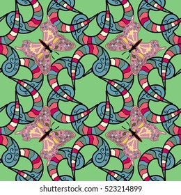 Red, blue, green stripes mandalas with butterflies. Vector.