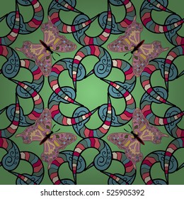 Red, blue, green stripes mandalas with butterflies. Vector.