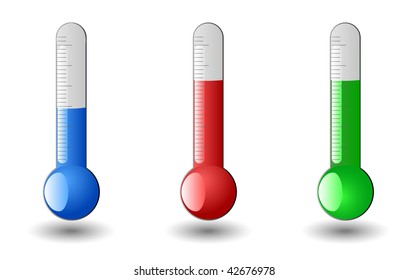 Red, blue and green  thermometers isolated, vector