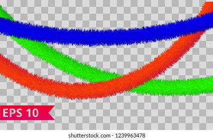 Red, blue and green tinsel collection. Christmas holiday decoration elements. Xmas ribbon garlands. Festive bright ornament. Vector, isolated, eps 10. 