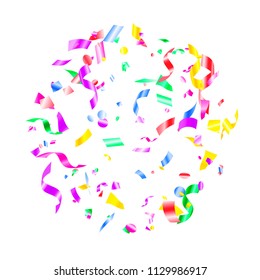 Red blue green yellow foil holiday realistic confetti flying vector background. Trendy flying tinsels, foil texture serpentine streamers, sparkles, confetti falling birthday background.