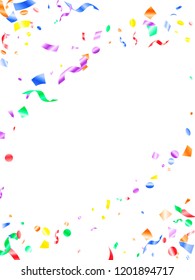 Red blue green yellow glossy holiday realistic confetti flying vector background. Chic flying tinsels, foil texture serpentine streamers, sparkles, confetti falling birthday background.