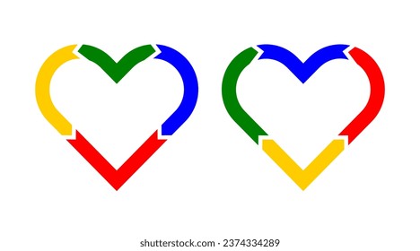 Red, blue, green and yellow love heart outline icons set. Arrow logos vector isolated on white background.