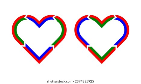 Red, blue and green and yellow love heart outline icons set. Arrow logos vector isolated on white background.
