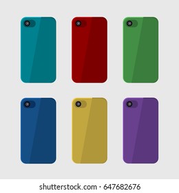 Red, Blue, Green, Yellow, Purple Smartphone Case, Set of Six, Modern Gadget Cellphones With Different Colors, Back View  - Vector Illustration 