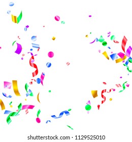 Red blue green yellow shiny holiday realistic confetti flying vector background. Glamour flying tinsels, foil texture serpentine streamers, sparkles, confetti falling new year background.
