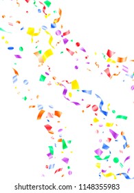 Red blue green yellow shiny holiday realistic confetti flying vector background. Creative flying tinsels, foil texture serpentine streamers, sparkles, confetti falling anniversary background.