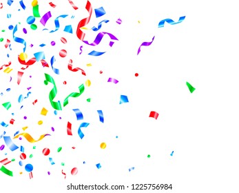 Red blue green yellow shiny holiday realistic confetti flying vector background. Rich flying tinsels, foil texture serpentine streamers, sparkles, confetti falling birthday background.
