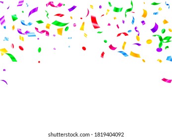 Red blue green yellow shiny holiday realistic confetti flying vector background. Luxurious flying tinsels, foil texture serpentine streamers, sparkles, confetti falling festive background.