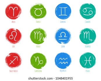 Red blue green zodiac symbols vector set, collection of hand painted astrology signs. Aries, Taurus, Gemini, Cancer, Leo, Virgo, Libra, Scorpio, Sagittarius, Capricorn, Aquarius, Pisces icons isolated