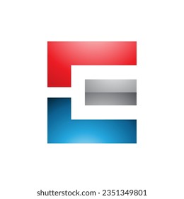 Red Blue and Grey Glossy Rectangular Letter E Icon on a White Background
