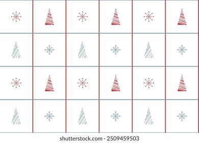 Red blue grey snowflakes lines seamless vector pattern packaging paper Textile design wrapping paper Typography Winter holiday design Isolated background December mood New Year Christmas Xmas season