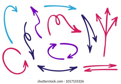 Red and blue hand drawn arrow icons vector set. Up and down pencil sketch arrows, right and left direction pointers, cycle and way symbols. Scribble infographic elements. Way pointers icon set.
