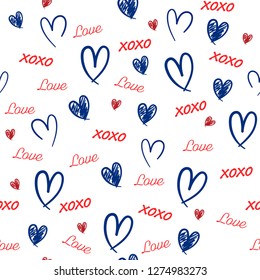 Red and blue Hand drawn Seamless pattern with word love,heat, and xoxo in valentine mood vector illustration design for fashion,fabric,wallpaper,web and all prints on white background color