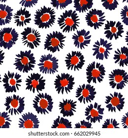 Red and blue hand painted flowers. Seamless vector pattern 