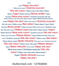 Red and blue Happy New Year in several languages. Word cloud vector greeting card. 