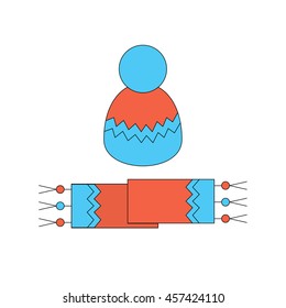 Red and blue hat and scarf. Personal protection from the cold in bad weather. Autumn and winter accessories for men and women. Vector illustration.