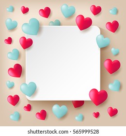 Red and blue heart balloons floating on light background with white square paper.