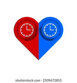 relógio em forma de coração vermelho e azul. ilustração vetorial isolado no fundo branco