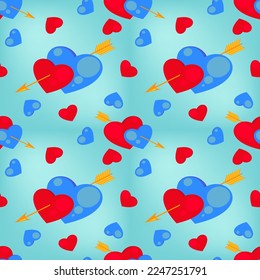 Red and blue hearts with arrows on a light blue background. Seamless pattern, print for Valentine's Day. Vector illustration