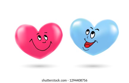 Red and blue hearts with emotions on the face. Symbol romantic, love, passion, wedding. Design element for Valentine day, holiday or greeting, decoration. Vector illustration