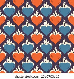 Red and Blue Hearts. Heart on Fire Seamless Bright Pattern. Burning Heart Symbol of Love for Valentine day design. Hand drawn vector illustration. Retro colors