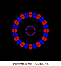 Red and blue hearts round vector ring on black color. 