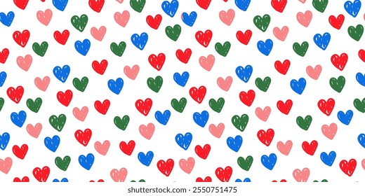 Rotes und blaues Herz Nahtloses Muster. Süße romantische rosa Herzen Paket Print. Vektorromantischer Hintergrund. Ideal für Stoff, Textilien, Bekleidung. Urlaubskulisse, Hochzeitsdesign.