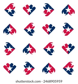 Red and blue hearts seamless vector pattern with white stars. Free interpretation of the US flag symbols and colours. Pattern suitable for posters, postcards, fabric and stationary.