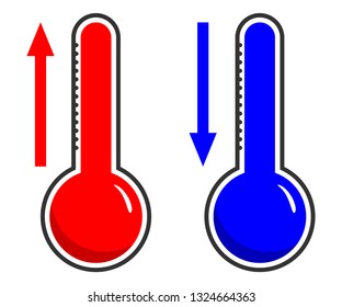 Red and blue, heat and frost thermometer icon - vector measurement symbol hot, cold, weather illustration with up and down arrows.