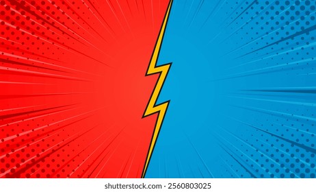 Red and blue heroes comic cartoon background. Abstract pop art comic sunburst effect with halftones. Suitable for thumbnails, templates, banners, events, ads, web, and pages