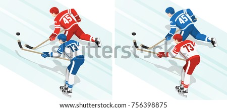 Red and blue hockey players chase the puck during the game. Isometric view from the back.