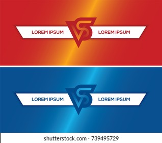 Red and blue horizontal banners with VS letters and text frame. Versus background for game or sport match, competition or tournament.