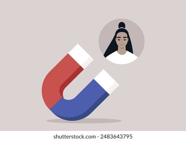 A red and blue horseshoe magnet is facing a cartoon illustration of a young character, suggesting a strong force of attraction