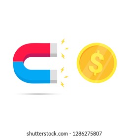 Red and blue horseshoe magnet icon sign attract golden money coin. Magnetism, money magnetize field  symbol concept flat style design vector illustration isolated on white background.